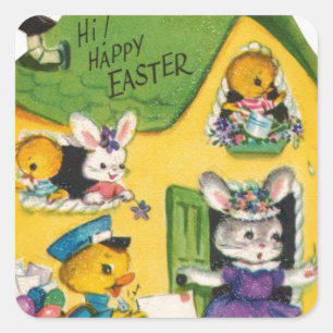 1950s Vintage Happy Easter Animals Square Sticker