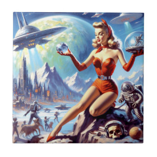 1950s Vintage Science Fiction Woman Tile