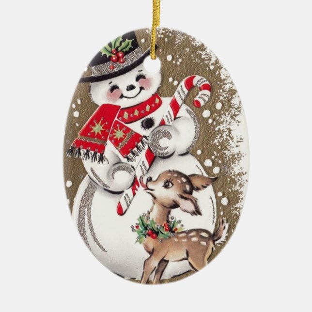 1950s Vintage Snowman With Baby Deer Ceramic Tree Decoration (Front)