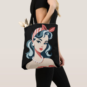 1950s woman wearing scarf colorful art tote bag