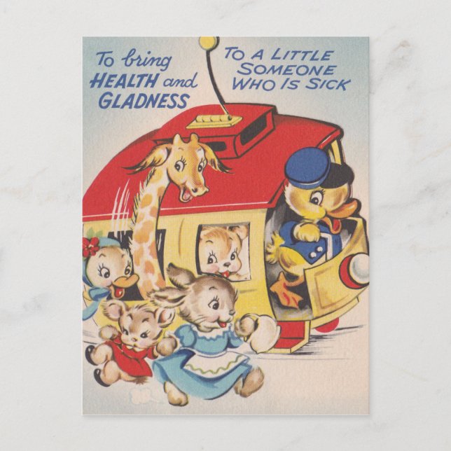 1950s Zoo Animals Get Well Soon Postcard (Front)