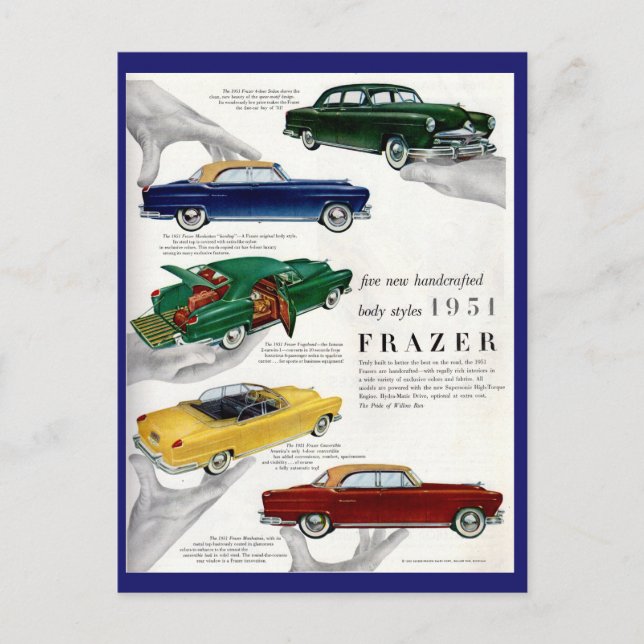 1951 Frazer automobile ad Postcard (Front)