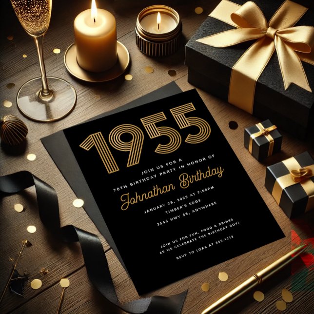 1955 Black Faux Gold 70th Birthday Invitation (1955 Black Faux Gold 70th Birthday Invitation. Celebrate turning 70 in style! Modern & simple design)