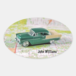 1955 Car On a Road Map Oval Sticker
