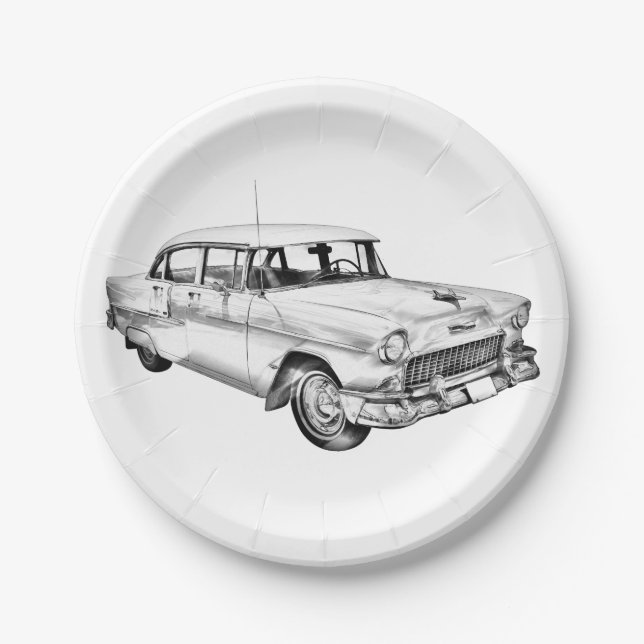 1955 Chevrolet Bel Air Antique Car Illustration Paper Plate (Front)
