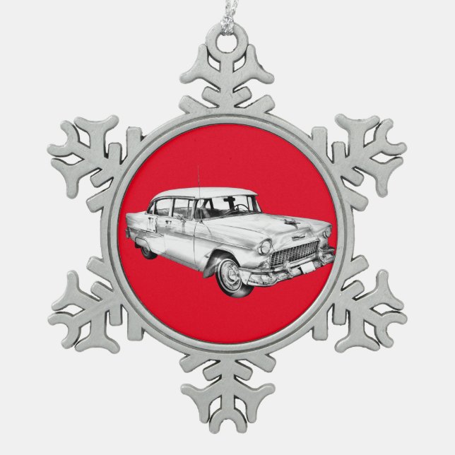 1955 Chevrolet Bel Air Antique Car Illustration Snowflake Pewter Christmas Ornament (Front)