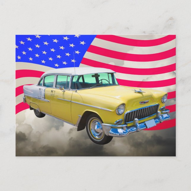 1955 Chevrolet Bel Air With American Flag Postcard (Front)
