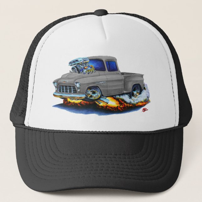 1955 Chevy Stepside Pickup Grey Truck Trucker Hat (Front)