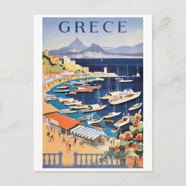 1955 Greece Athens Bay of Castella Travel Poster Postcard (Front)