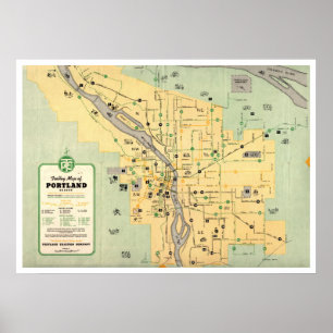 1955 Portland Oregon Trolley Streetcar Map Poster