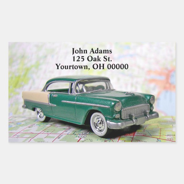 1955 retro car on road map rectangular sticker (Front)