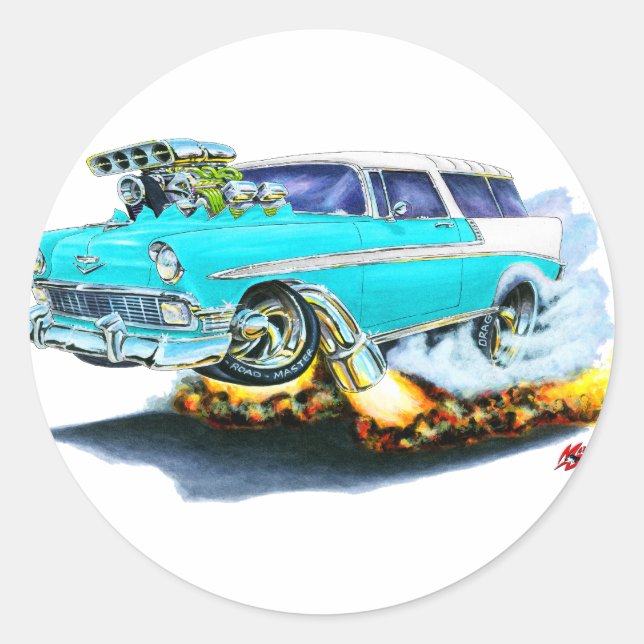 1956 Chevy Nomad Turquoise Car Classic Round Sticker (Front)