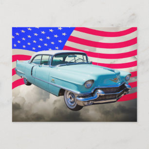 1956 Sedan Deville Cadillac And American Flag Postcard