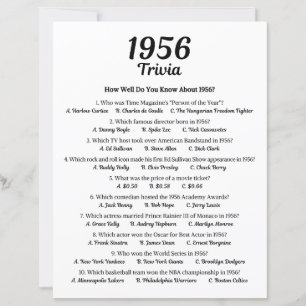 1956 Trivia Game 69th Birthday Party Game