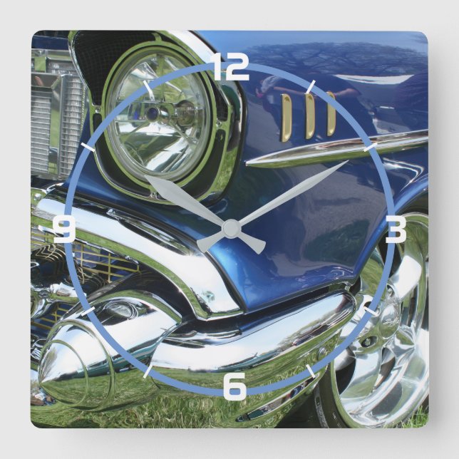 1957 Blue Chevy Custom Car, White Numbers Square Wall Clock (Front)