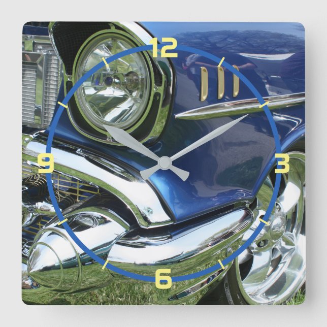 1957 Blue Chevy Custom Car, Yellow Numbers Square Wall Clock (Front)