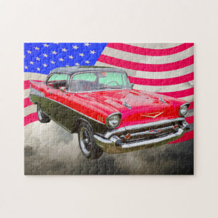 1957 Chevrolet Bel Air And American Flag Jigsaw Puzzle