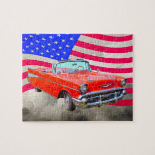 1957 Chevrolet Bel Air And US Flag Jigsaw Puzzle