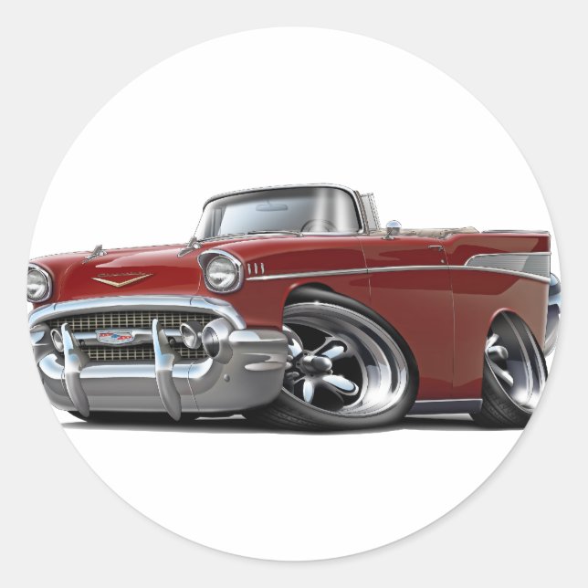 1957 Chevy Belair Maroon Convertible Classic Round Sticker (Front)