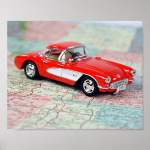 1957 retro Corvette on map Poster