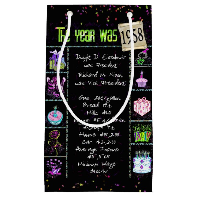 1958 Birth Year Trivia on Black Small Gift Bag (Front)
