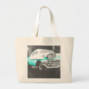 1958 chevy impala bright blue classic car large tote bag