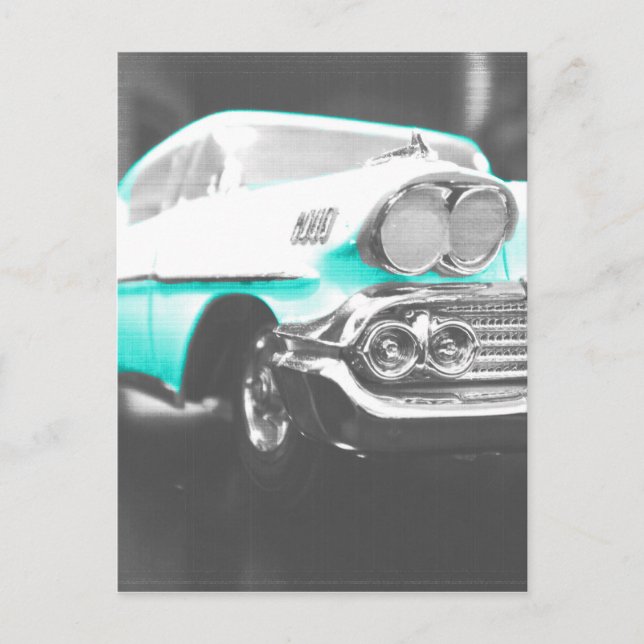 1958 chevy impala bright blue classic car postcard (Front)