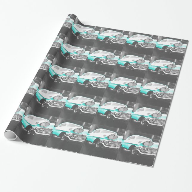 1958 chevy impala bright blue classic car wrapping paper (Unrolled)