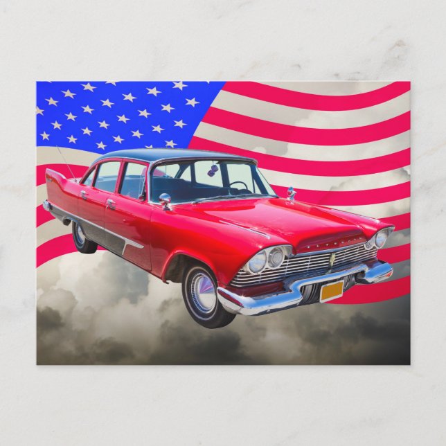 1958 Plymouth Savoy Car With American Flag Postcard (Front)