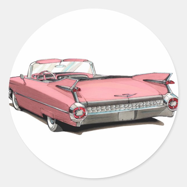 1959 Cadillac Pink Car Classic Round Sticker (Front)