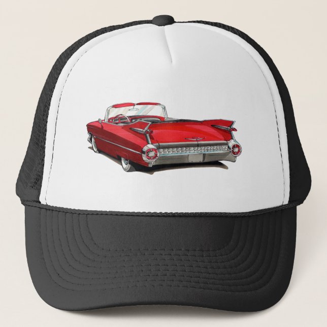 1959 Cadillac Red Car Trucker Hat (Front)