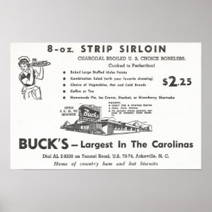 1960 Ad for Buck's Restaurant in Asheville, NC Poster