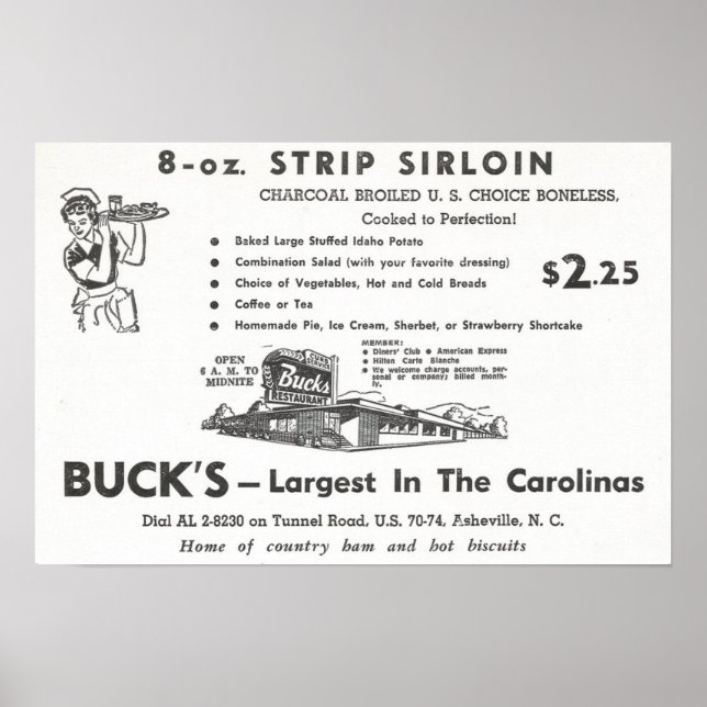 1960 Ad for Buck's Restaurant in Asheville, NC Poster (Front)