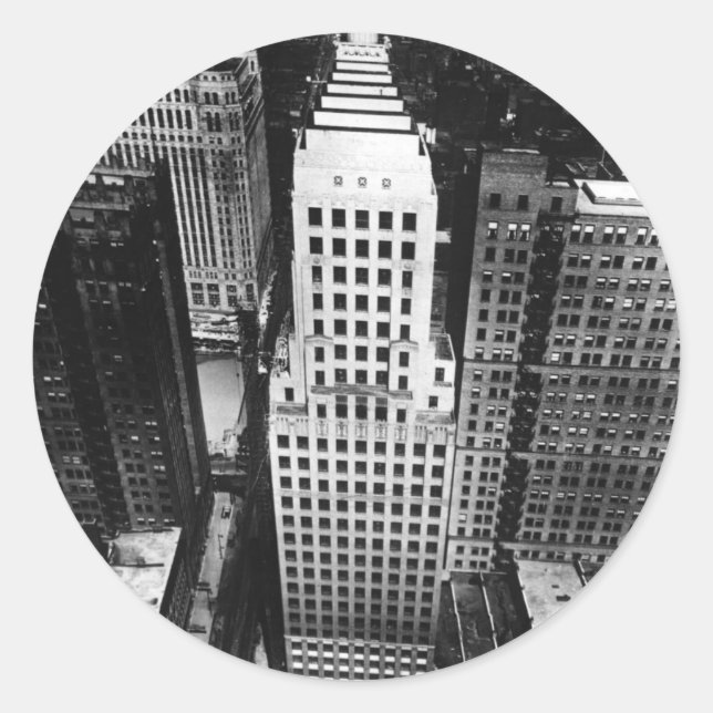 1960:  An aerial view of a Chicago skyscraper Classic Round Sticker (Front)