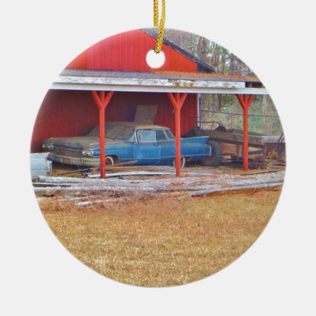 1960 BLUE SADAND DEVILLE Antique car Ceramic Tree Decoration (Front)