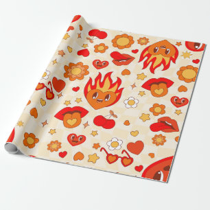 1960 groovy pop art valentines flames fire passion wrapping paper