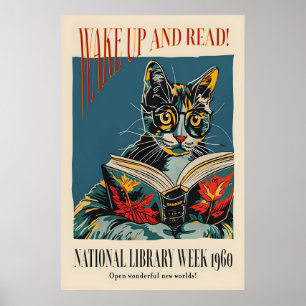 1960 National Library Week Poster Cat Reading