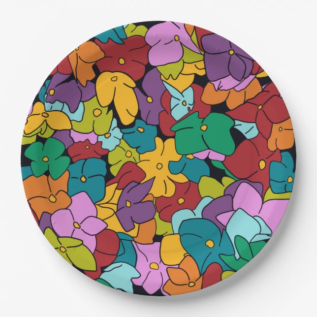 1960’s colour inspired palette of abstract flowers paper plate (Front)