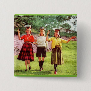 1960 teenage girls with books on their heads 15 cm square badge