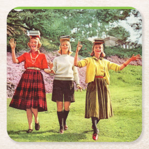 1960 teenage girls with books on their heads square paper coaster