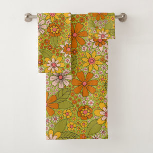 1960s, 1970s Green & Orange Retro Floral Bath Towel Set
