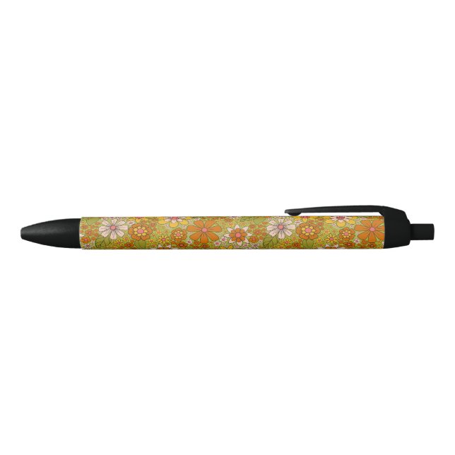 1960s, 1970s Green & Orange Retro Floral Black Ink Pen (Top)