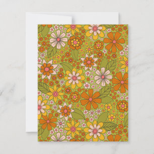 1960s, 1970s Green & Orange Retro Floral Card