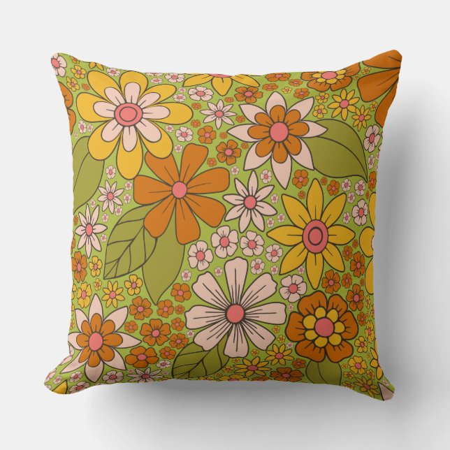 1960s, 1970s Green & Orange Retro Floral Cushion (Front)