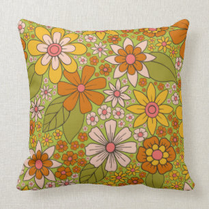 1960s, 1970s Green & Orange Retro Floral Cushion