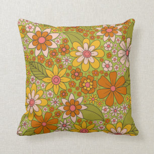 1960s, 1970s Green & Orange Retro Floral Cushion