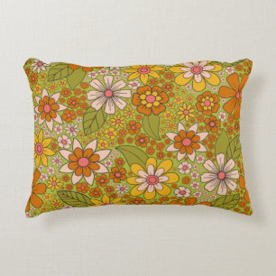 1960s, 1970s Green & Orange Retro Floral Decorative Cushion