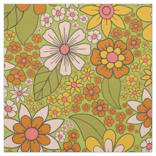 1960s, 1970s Green & Orange Retro Floral Fabric