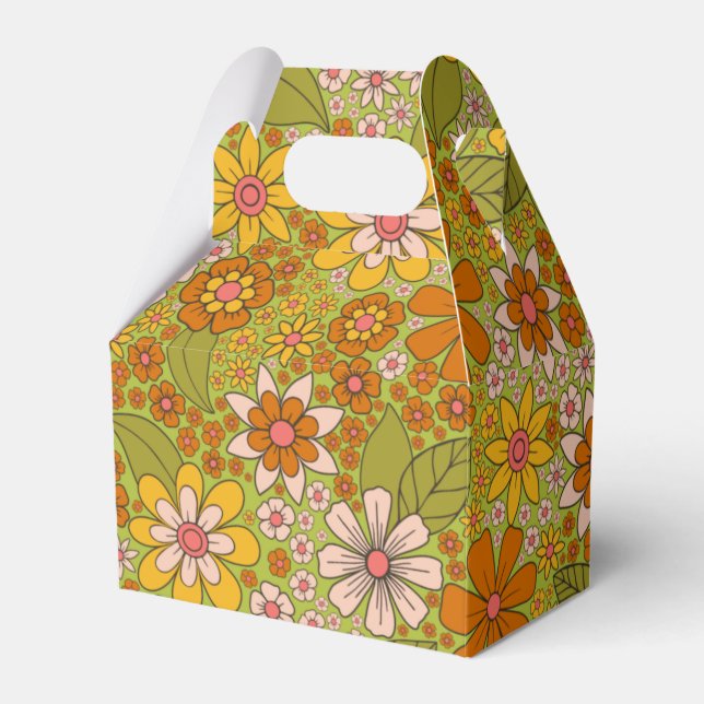 1960s, 1970s Green & Orange Retro Floral Favour Box (Front Side)