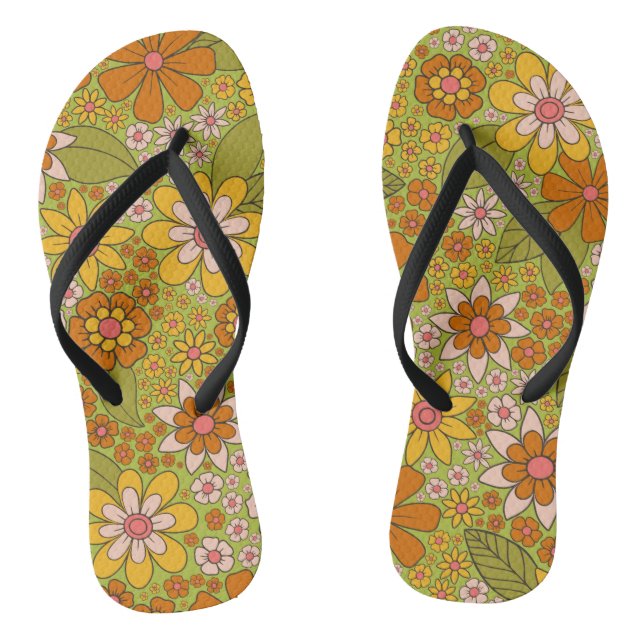1960s, 1970s Green & Orange Retro Floral Flip Flops (Footbed)